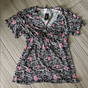 Lane Bryant Paisley V-Neck Blouse - Black and Fuchsia